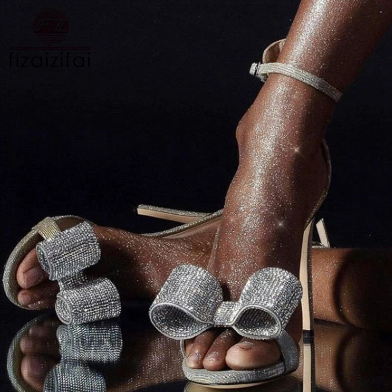 

FizaiZifai Women High Heel Sandals New Summer Bling Shine Rhinestone Bowknot Summer Shoes For Women Sexy Sandals Size 35-40