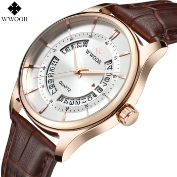 

WWOOR Watch Men Creative Date Quartz Men Watches Top Brand Luxury Waterproof Fashion Brown Leather Male Wristwatch Man Rose Gold