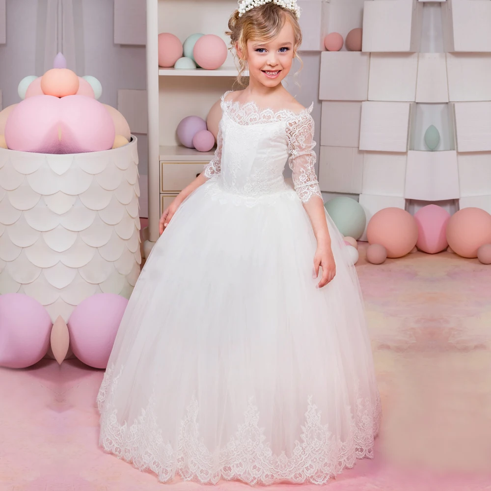 

2017 New Arrival Flower Girl Dresses Three Quarter O-neck Lace Up Birthday Pageant Gowns Vestidos Longo for Weddings Communion