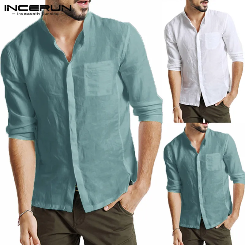 

INCERUN Male Stand Collar Solid 2020 Spring New Fashion Seven-point Sleeve Shirt Color Pocket Design Irregular Casual Men Shirt