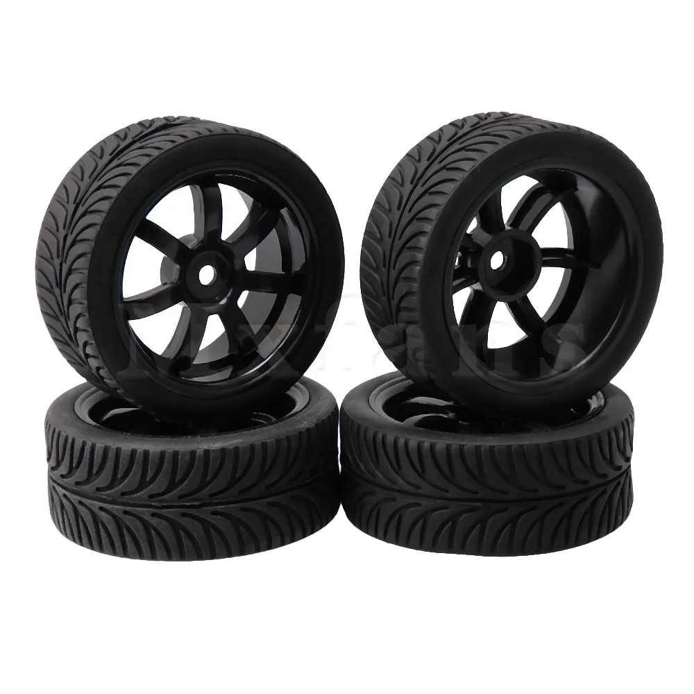 Mxfans 6.5x2.6cm Black Plastic Wheel Rims and Rubber Leaf Type Tyres