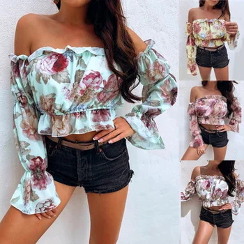 

Womens Summer Tops and Blouses Floral Printing Long Sleeve Strapless Crop Top Shirts Plus Size Off Shoulder Blusa Feminina