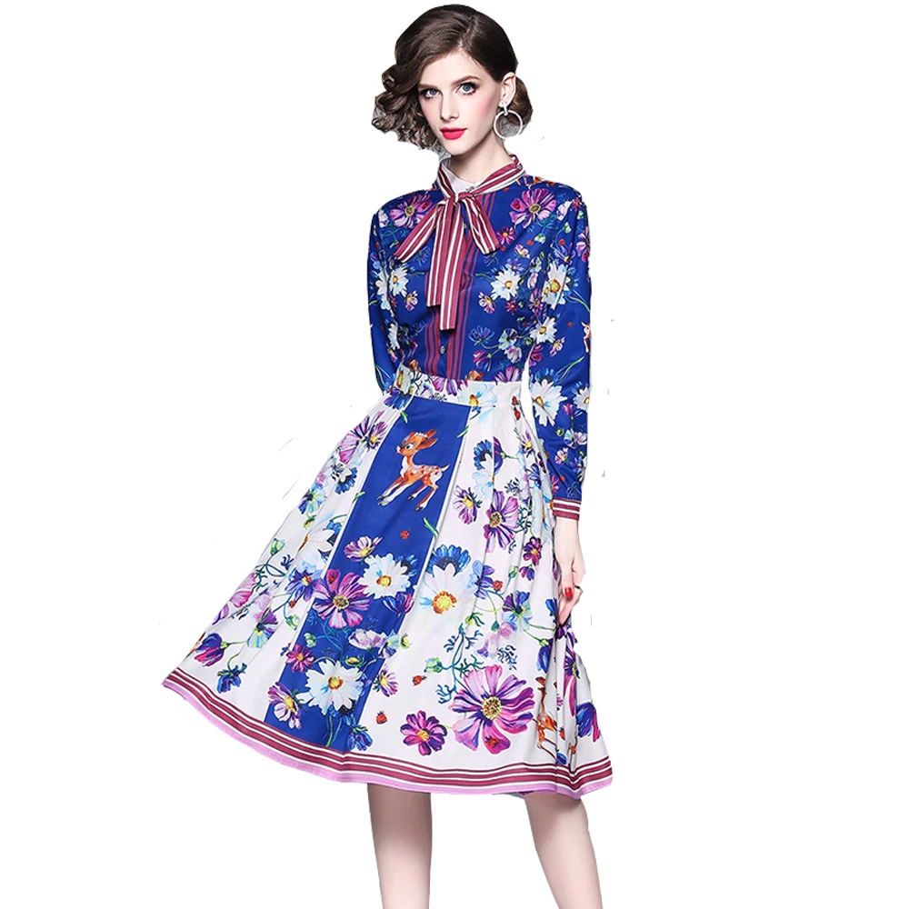 

New Spring Woman Print Dress Bow-neck Ladies Party A-line Dresses Slim Floral Print Knee-length Dress for Woman Summer Dress