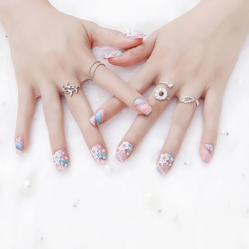 24 шт./компл. Свадебные красивые поддельные ногти 3D блестки резные имитация жемчужного цветка накладные ногти DIY ногтей советы с клеем