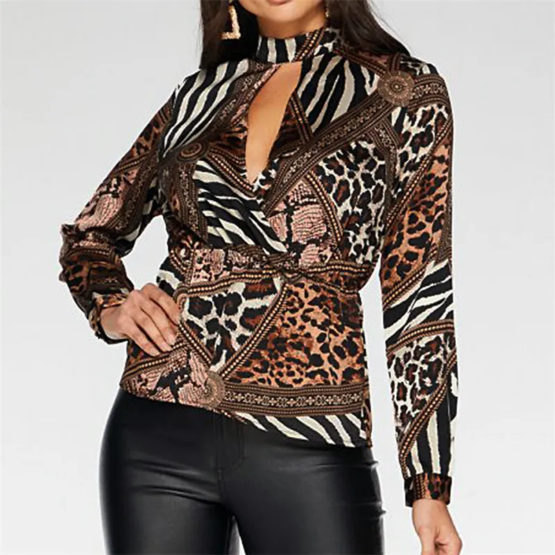 

Autumn Long Sleeve Tops Deep V Neck Patchwork Vintage Women Tops and Blouses Hollow Out Elastic Waist Blouse Plus Size Shirt