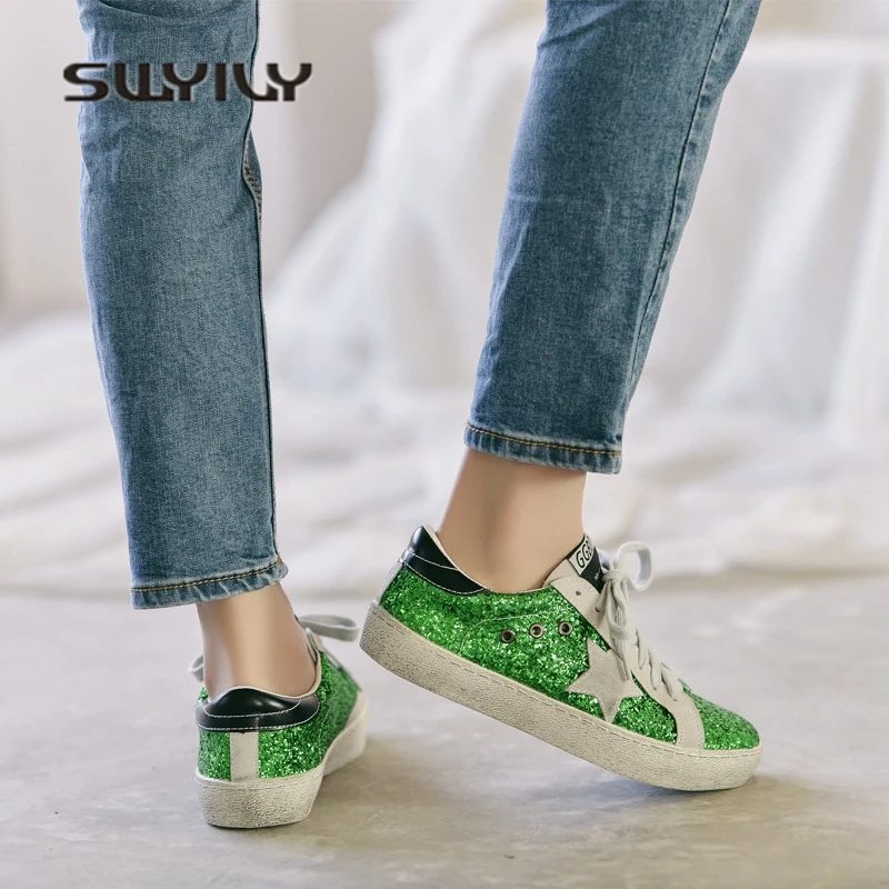 SWYIVY Female Sneakers Sequins Dirty Shoes Girl 2018 New Flat Woman Casual Shoes Sneakers Female Canvas Shoes 40 Star Flats