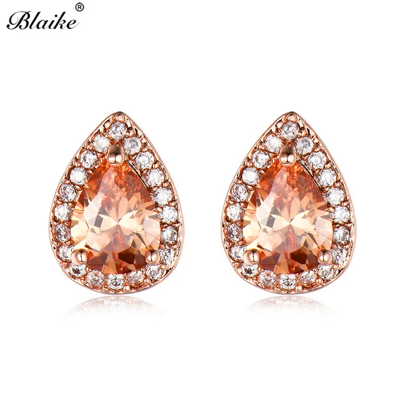 Blaike Груша Cut Stone Water Drop Циркон Стад Серьги для Для женщин розовое золото Заполненные Шампанское Teardrop Серьги Модные украшения подарок