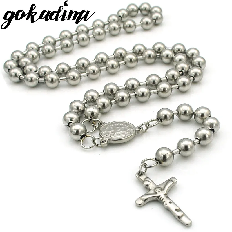 GOKADIMA 65cm 8mm Gold Color Bead Chain Stainless Steel Rosary Necklace for Men Jewelry Cool