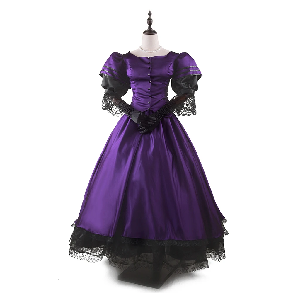 Women s Victorian Dress Classic Puff Sleeve Floor length Gothic Lolita Dress Purple and Black Lace