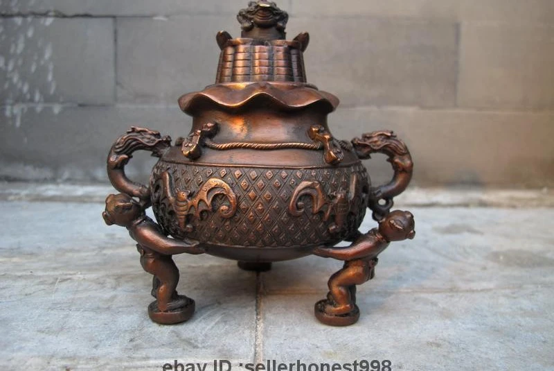 

Chinese Buddhism Bronze Dragon Toad Three Boy Bat Incense burner Censer