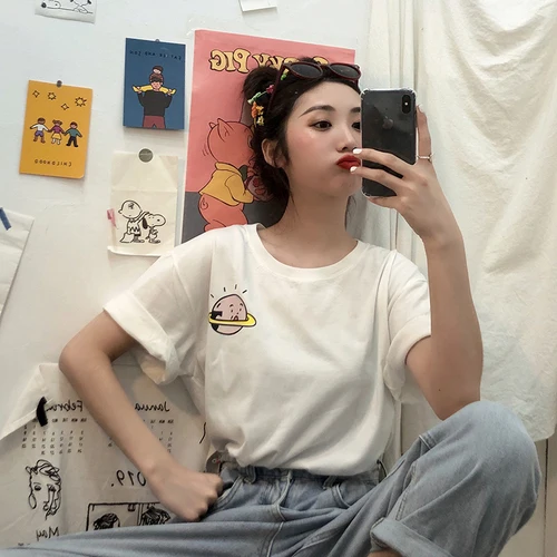 

Cute Cartoon Planet Printed Casual Loose All Match 2019 Summer Fashion Cotton White Female Women Simple Fresh Top T-shirts