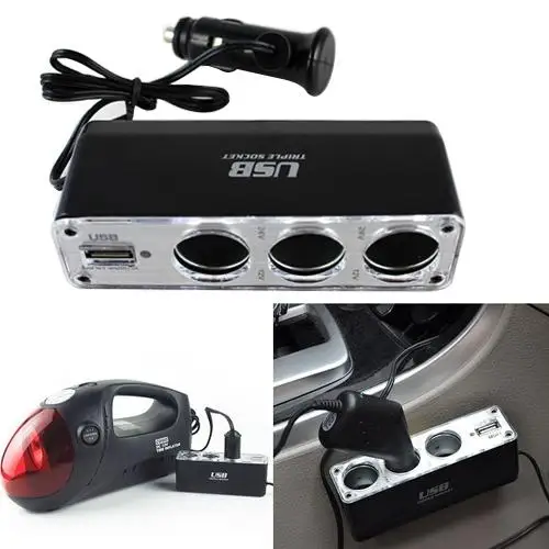 

12V 3 Way Car Cigarette Lighter Power Spliter Sockets USB DC Adapter Charger