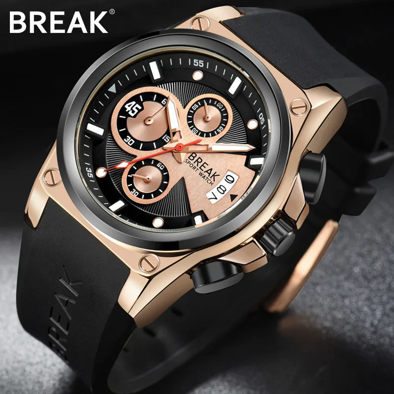 

Break Men's Chronograph Quartz Watch With Date Luminous Hand Waterproof Rubber Strap Wristswatch For Man Clock Relogio Masculino