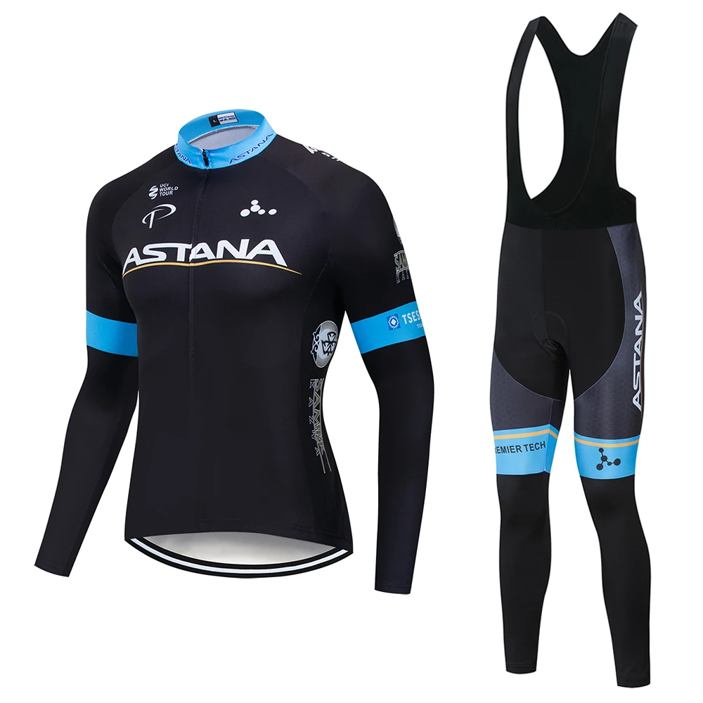 

ASTANA 2019 Team long sleeve Suit Cycling jersey Set bib pants ropa ciclismo bicycle clothing bike jersey Uniform Men clothes