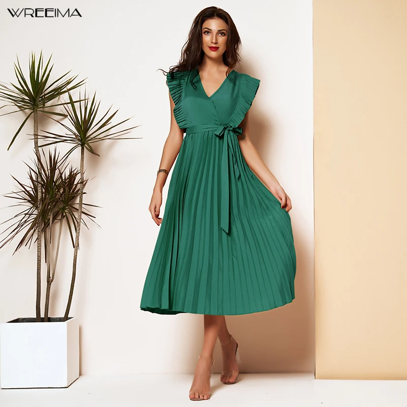

wreeima ruffles Trim party dress Women summer yellow sleeveless High Waist Pleated dress 2019 A Line mixi sweet summer dress