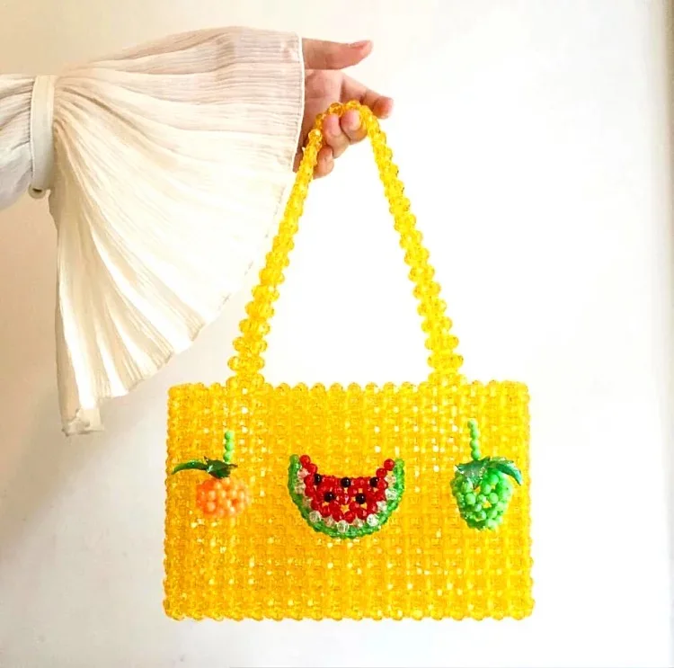 

Women Fashion Fruit Pearls Shoulder Bag Acrylic Woven Beaded Yellow Watermelon Strawberry Handbag Fashion Summer Box Handbag