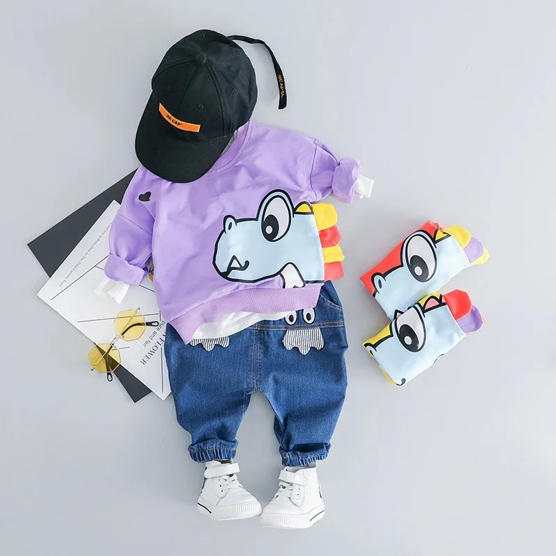 Модный комплект одежды для маленьких мальчиков с героями мультфильмов, коллекция года, весенняя одежда для малышей, футболка с динозавром+ штаны, комплект для 1, 2, 3, 4 лет
