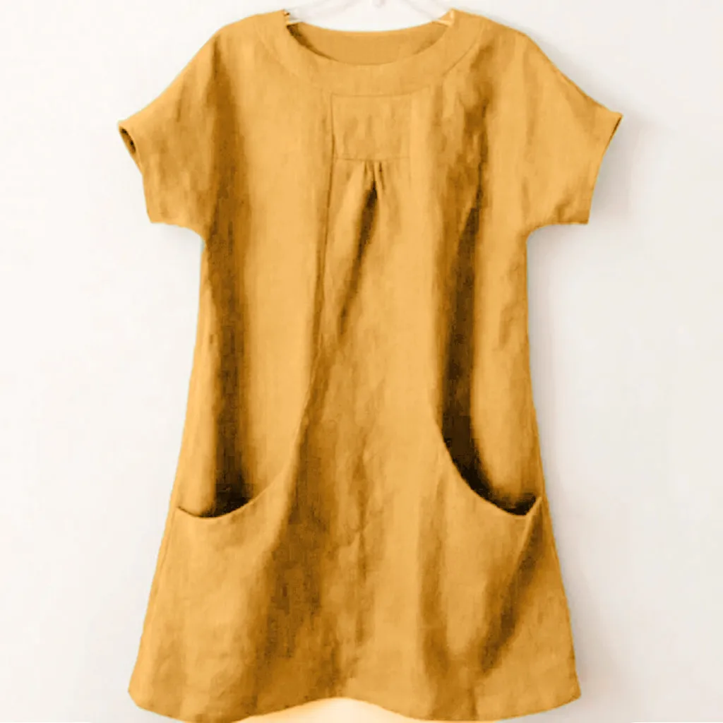 

YOUYEDIAN Women's Summer Blouses 2019 Casual Linen Solid With Pocket Blouse Fashion Loose Round Neck Short Sleeve Tunic Shirt