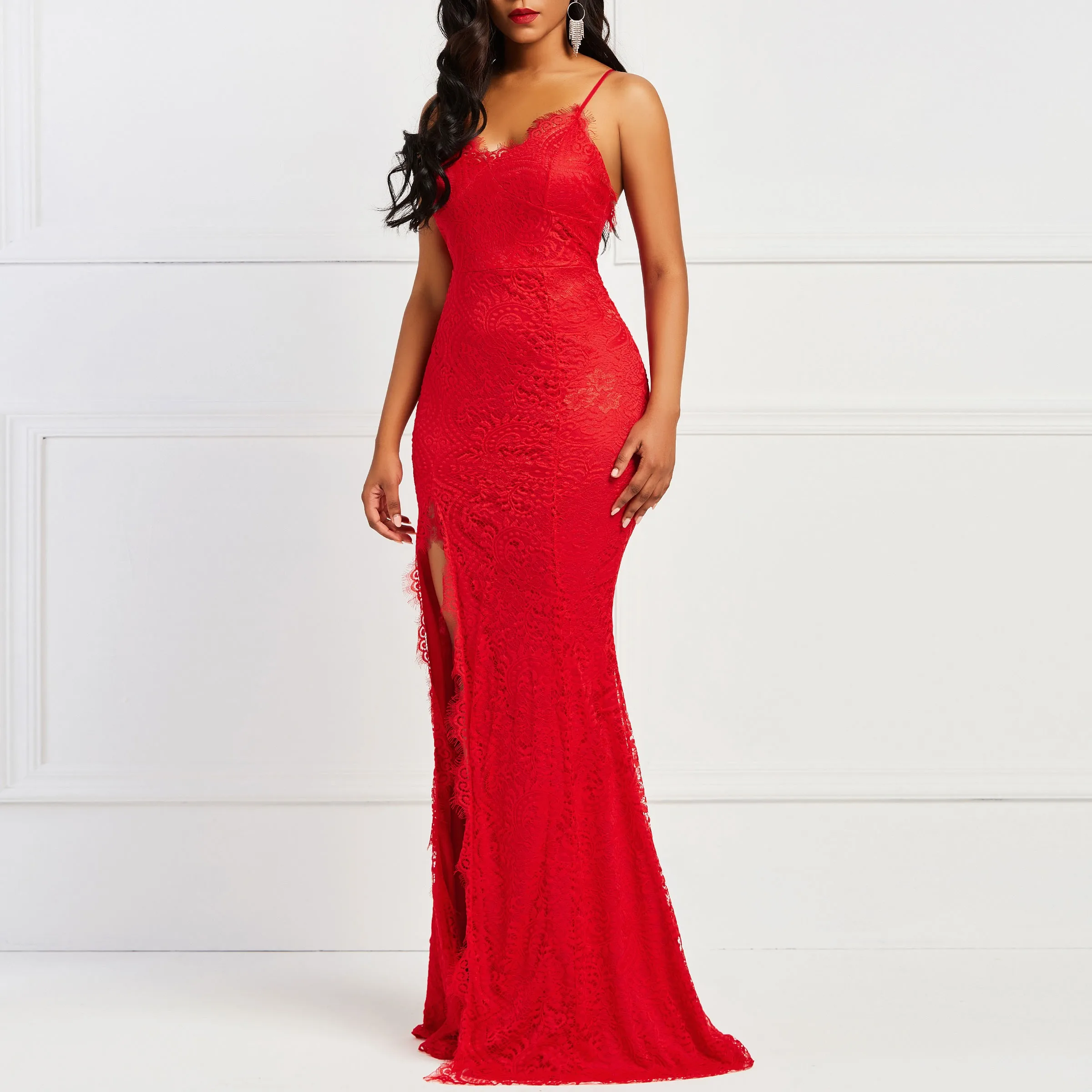 Асимметричное облегающее платье без рукавов, женское Элегантное Вечернее красное сексуальное кружевное платье макси с разрезом