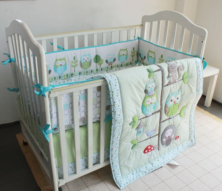 wholesale new design 4PCS green and blue owl on the tree pattern cotton polyester baby crib bedding set products for boys wholesale new design 4PCS green and blue owl on the tree pattern cotton polyester baby crib bedding set products for boys