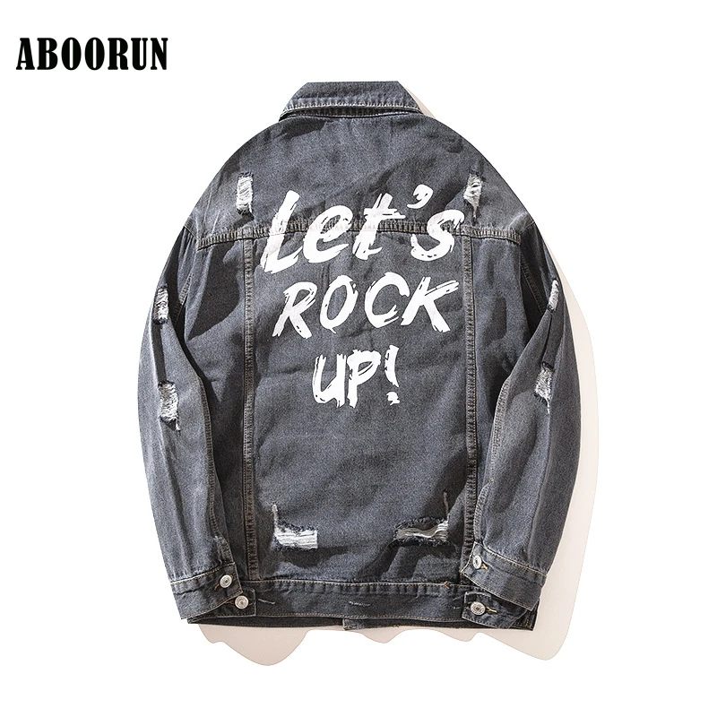 ABOORUN Retro Mens Denim Jackets Hip Hop Oversized Graffiti Hole Jeans