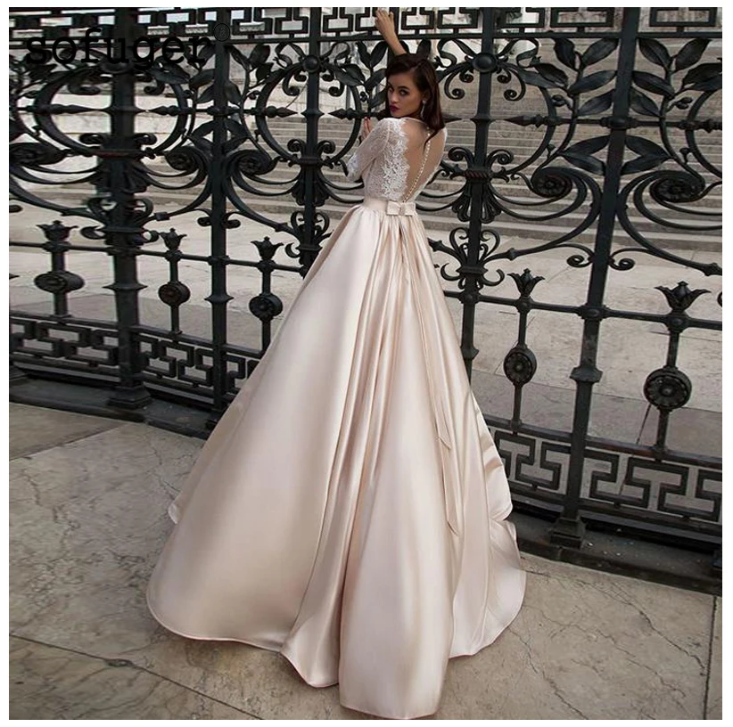 US $84.97 Elegant Lace Wedding Dress Vestidos De Novia 2019 Champagne A Line Bridal Dress Satin Sexy Romantic Floor Length Wedding Gowns