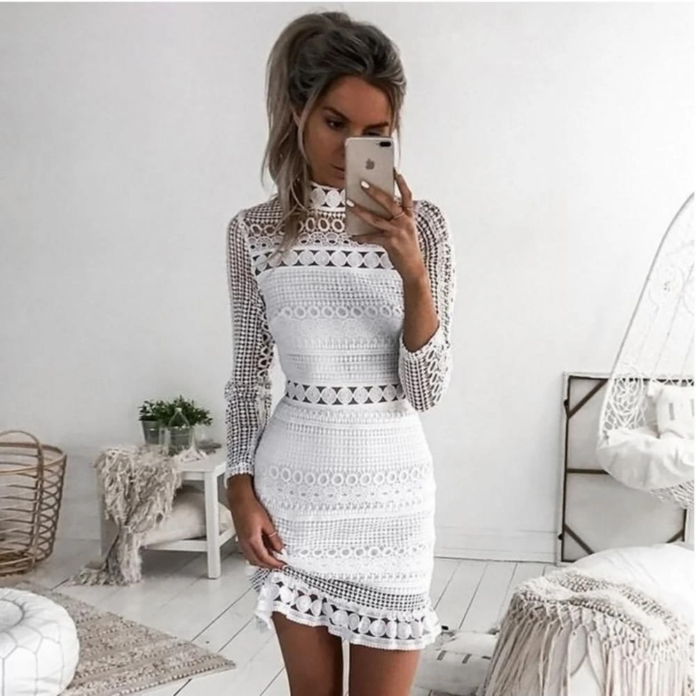 High Neck Long Sleeves Lace Homecoming ...