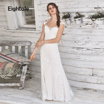 

Eightale Wedding Dress Cap Sleeve O-Neck Appliques Lace Beach Wedding Gowns Backless Custom Made Plus Size Bride Dress 2019