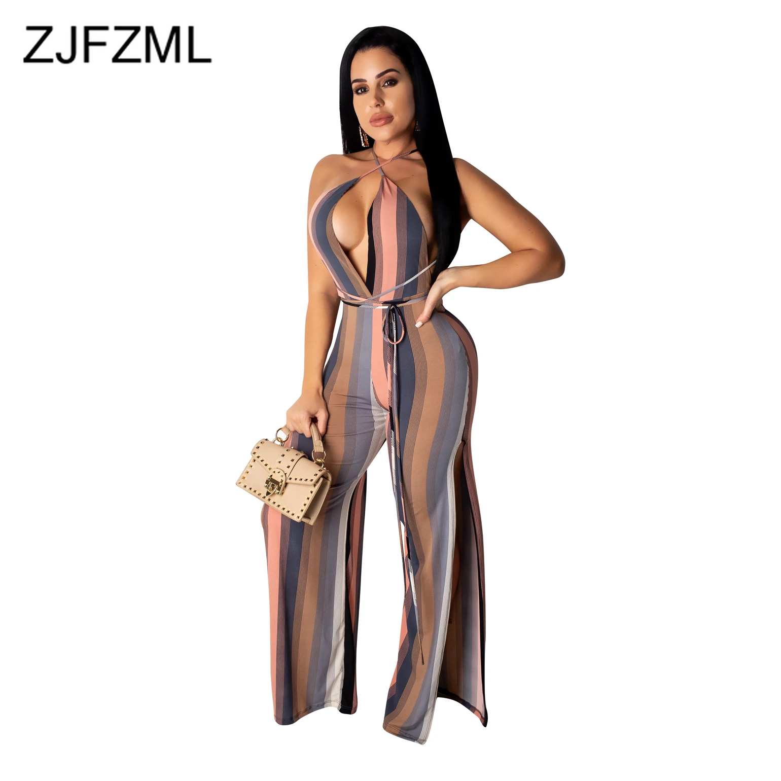 الملونة مخطط مثير واسعة الساق ارتداءها النساء السباغيتي حزام عالية انقسام حزب بذلة الصيف قبالة الكتف عارية الذراعين طويل رومبير