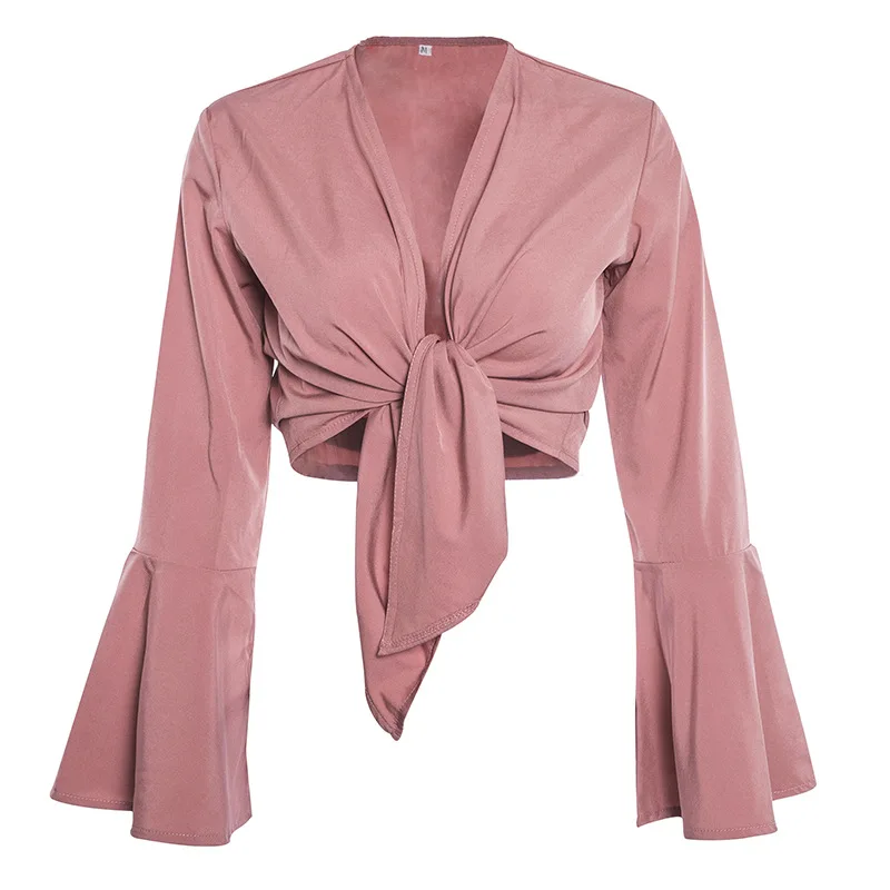 

Front Tie Top Flare Sleeve Crop Top Criss Cross Bohemian Shirt Wrap Blouse Loose Ruffles Belly Shirt Plain Shirt T1730557
