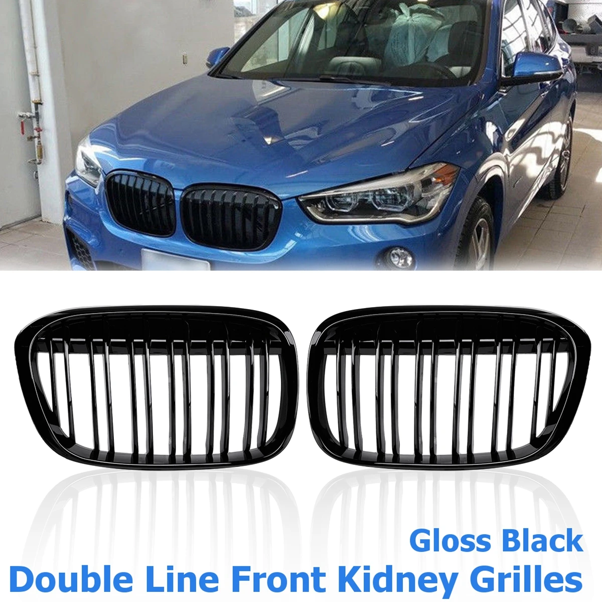 

Pair Gloss Black Double Line Dual Slat Front Kidney Grilles for BMW F48 F49 X1 2016-2017 Car Racing Grills