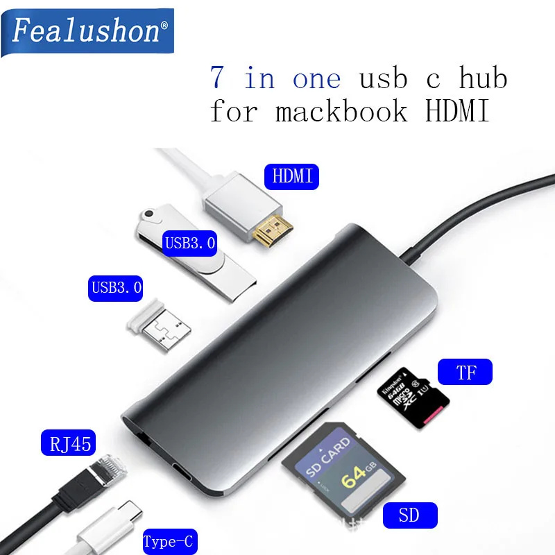 USB C док-станция для ноутбука USB 3,0 HDMI RJ45 Gigabit PD Fealushon для MacBook samsung Galaxy S9/S8/S8+ type C док-станция