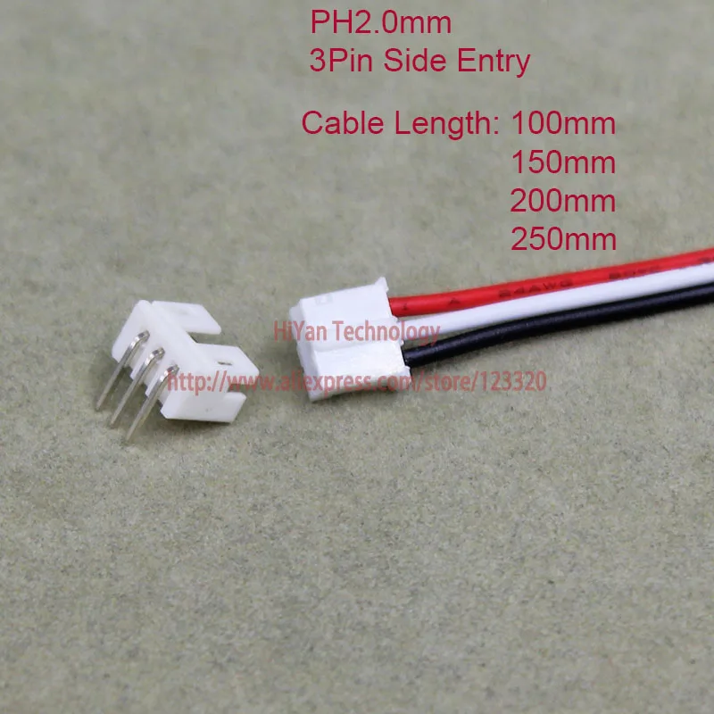 

50sets Mini Micro PH2.0 JST 2.0mm Pitch 3Pin Side Entry Connector with 1007 26AWG 10cm To 25cm Electronic Wire Cable Pin header