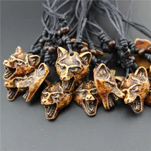 HOT 12pcs White & Brown Carving Awe-inspiring Wolf Head Animal Pendant Necklace Men Imitation Yak Bone Necklace For Women Gift