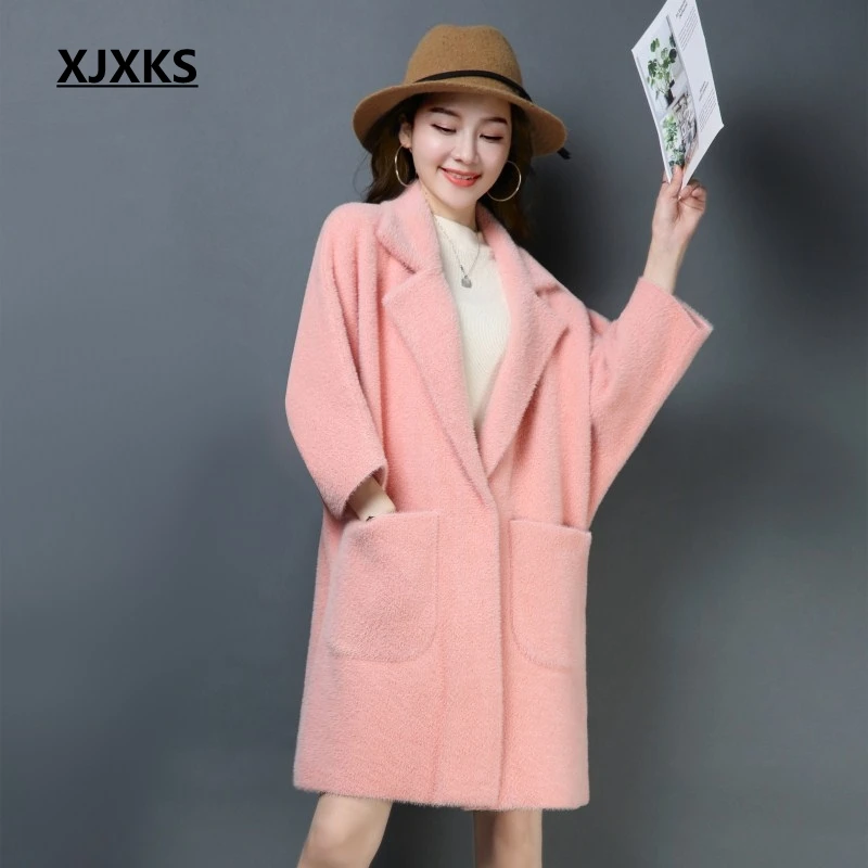 

XJXKS manteau femme hiver warm fuzzy comfortable women wool coat turn-down collar loose three quarter sleeve women winter coat