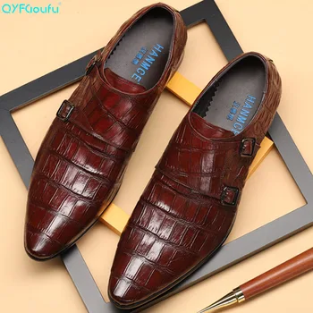 

QYFCIOUFU Fashion crocodile shoes Men high quality oxford double monk strap shoes Genuine Cow Leather Mans Wedding dress shoes