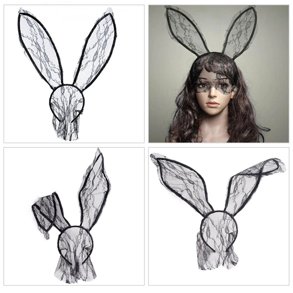 

Fashion Headbands For Girl Rabbit Bunny Ears Veil Eye Mask Hair Bands Solid Women Headwear Lace Sexy Headdress Hair Accessory