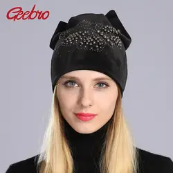 Geebro/Зимняя Шапка-бини, женские теплые бархатные шапки с кошачьими ушками для женщин, шапки-бини с жемчугом, бабочка бриллиант, Шапка-бини с
