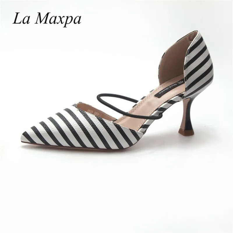 

La MaxPa Spring Autumn Woman High Heels Shoes Striped Dress Shoes Women Hoof Heels Pumps Pointed Toe Ladies Polka Dot Boat Shoes