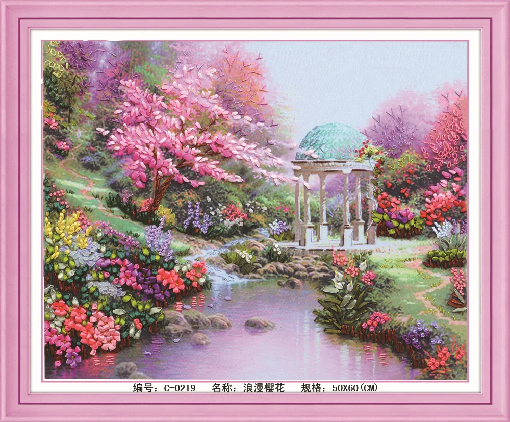 50*60cm Stay together DIY cross stitch kits sets handmade needlework 3D ribbon embroidery Romantic cherry blossom A28 | Дом и сад
