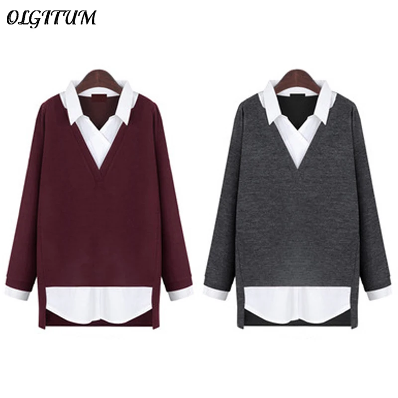 2018 New Women tops Fake two-piece shirt turn-down collar sweater slim fashion clothing women sweater plus size 5XL