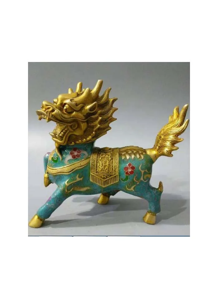 

bronze cloisonne enamel flower treasure fortune dragon kylin statue Pair