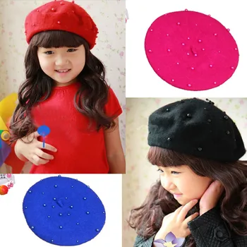 

Wool Baby Hats with Pearls Beanies Vintage Autumn Winter Candy Color Retro Baby Girl Beret Cap for 2-7 Years Hair Accessory