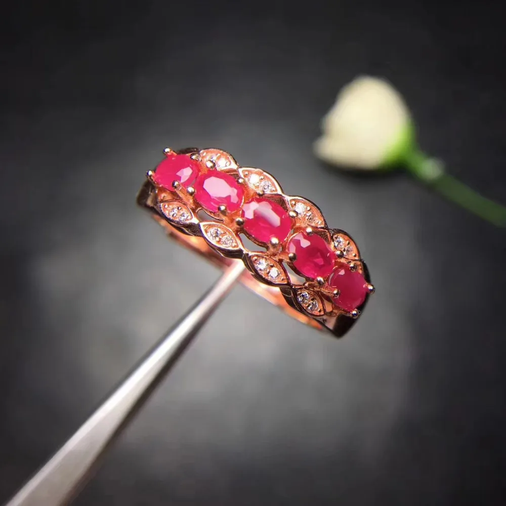 Luxurious grace Three row Natural red ruby gem Ring S925 Silver Natural