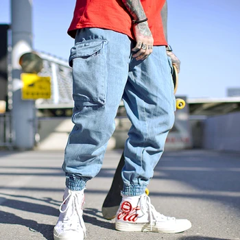 

Harem Pants Mens Plus Size 6 Pockets Cargo Sweatpants Cotton Denim Jeans Slacks Trousers Elastic Waist Hip Hop Skateboard Jogger