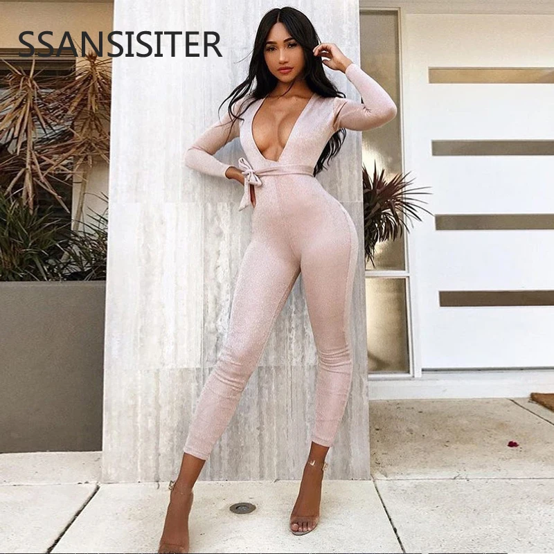 

Sexy Deep-V Neck Rompers Womens Jumpsuit Bandage Slim Club Long Sleeve Bodysuits Fashion Lady Playsuit Macacao Jeminino