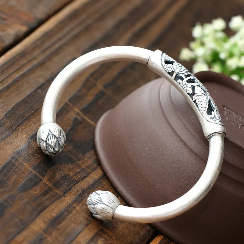 

Silver Jewelry Wholesale Handmade S990 Sterling Silver Bangle Women's Full Silver Bangle Carp Lotus Royal Bangle