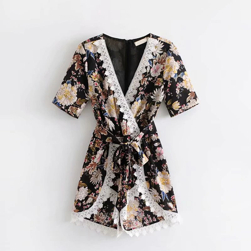 Summer Sexy Chiffon Lace V-Neck Short Playsuits Female Vintage Floral Print Belt Beach Jumpsuits Boho Rompers Womens Jumpsuit Summer Sexy Chiffon Lace V-Neck Short Playsuits Female Vintage Floral Print Belt Beach Jumpsuits Boho Rompers Womens Jumpsuit