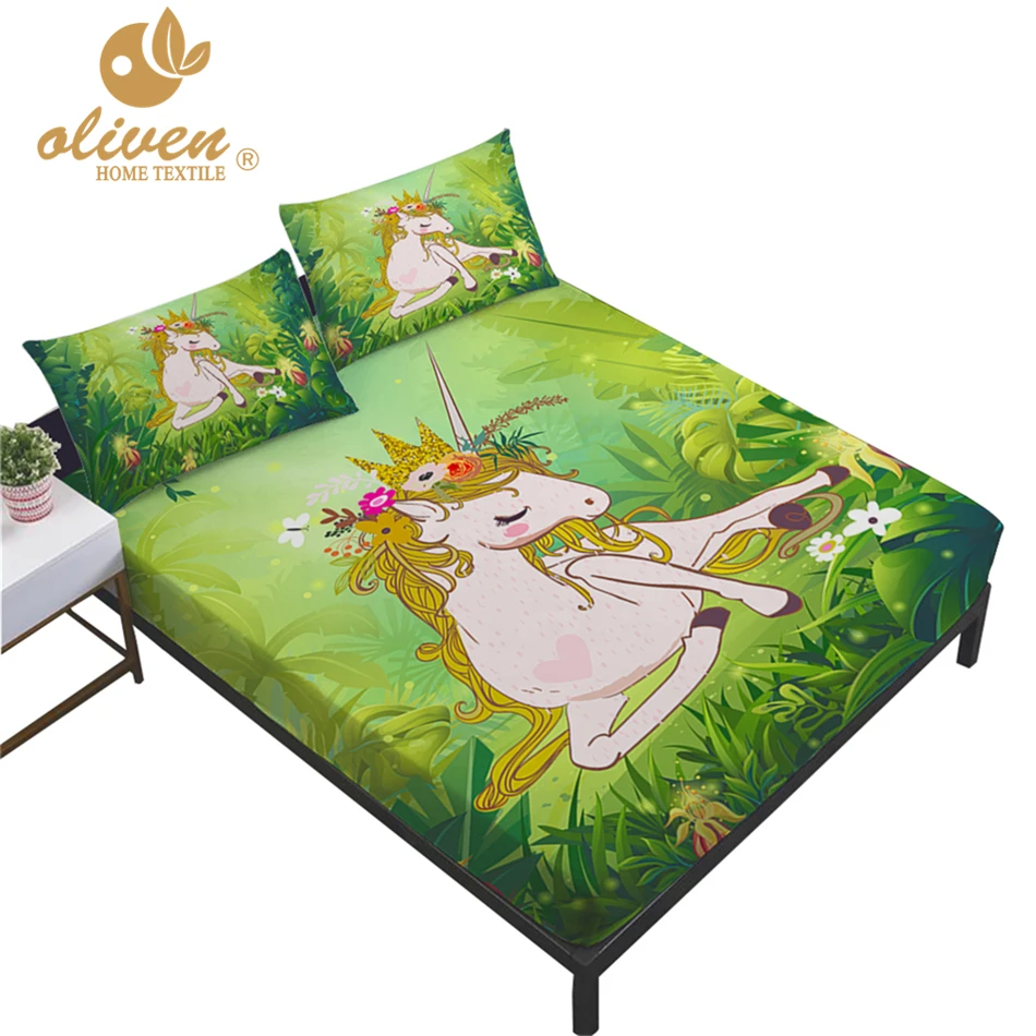 buy Princess Unicorn Sheet Set Jungle Green Leaves Plant Print Fitted Sheet Twin Full Queen King Flat Sheet Pillowcase Girls Bedding