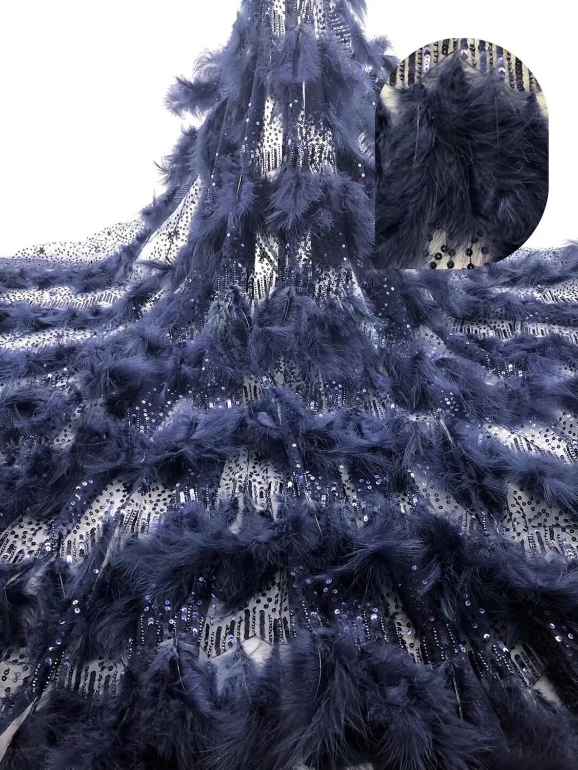 

French lace fabric 5yds/pce navy blue heavy fringe sequins mesh fabrics women gorgeous luxury party event dress 2019 new design